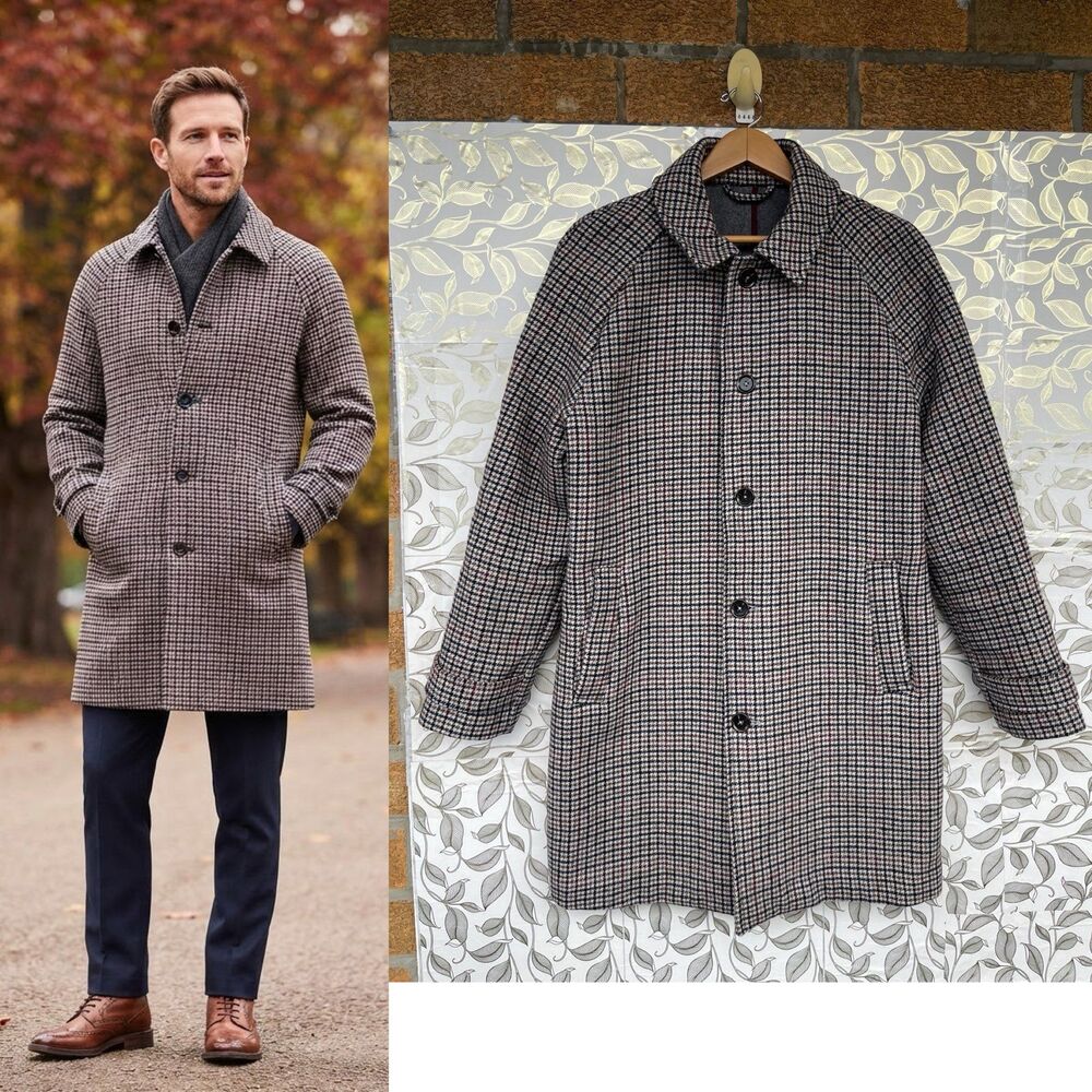Hammond & Co Patrick Grant Houndstooth Wool Blend Car Coat Size 40 Academic